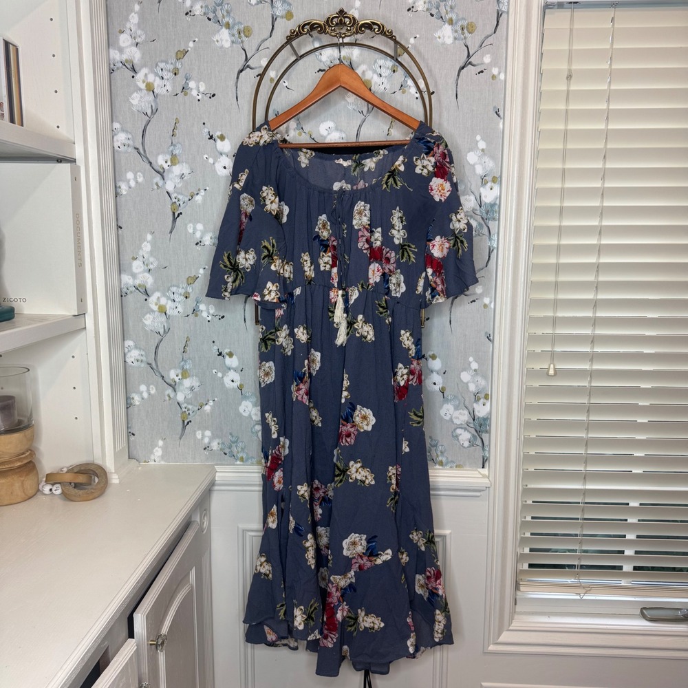 Altard State Womens Blue Floral Boho Midi Dress Tassel Flutter Sleeve Large